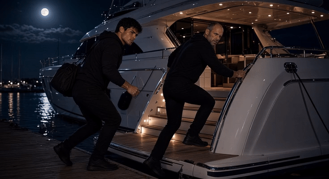 Two men boarding a yacht at night.